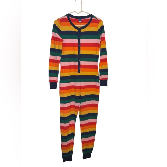 Old Navy Rainbow Striped Thermal-Knit Buttoned Onesie Pajamas - Picture 2 of 5
